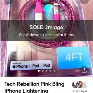Tech Rebellion Pink with Bling iPhone Lightning Charge Cable, 4 Ft. NIB.